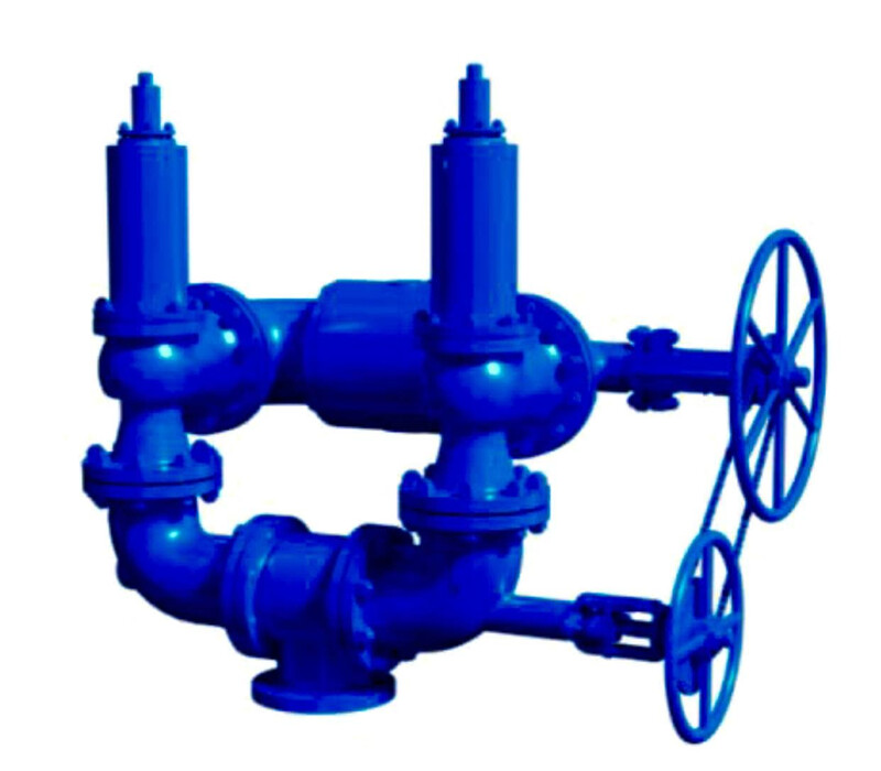 Блок предохранительных клапанов с переключающими устройствами БПК4 150-16 ХЛ1 50лс7нж в составе: клапан предохранительный пружинный сальниковый фланцевый без приспособления для принудительного открытия СППК4 150-16 17лс7нж DN 150/200 PN 1,6/0,6 МПа ХЛ1, к - фото товара